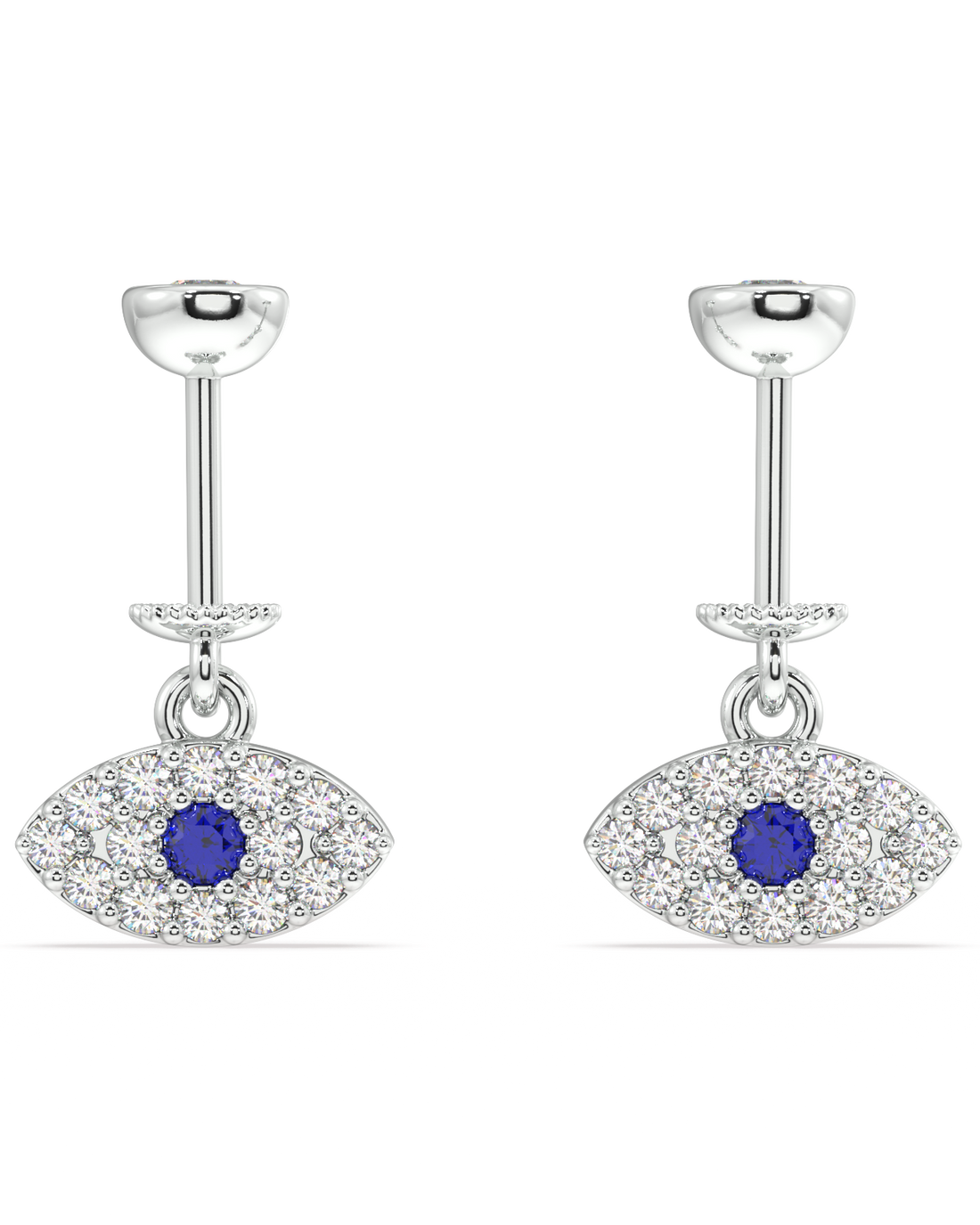 Zirconia Small Evil Eye Earrings - Versatile Style | Hanging Pair in sterling silver with blue center stones and pavé zirconia, shown on white background.