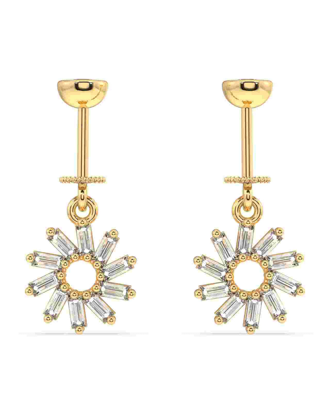 Baguette Rays Helix 14K Gold Earrings featuring a modern circle design with clear baguette stones, ideal for helix piercings and elegant styling.