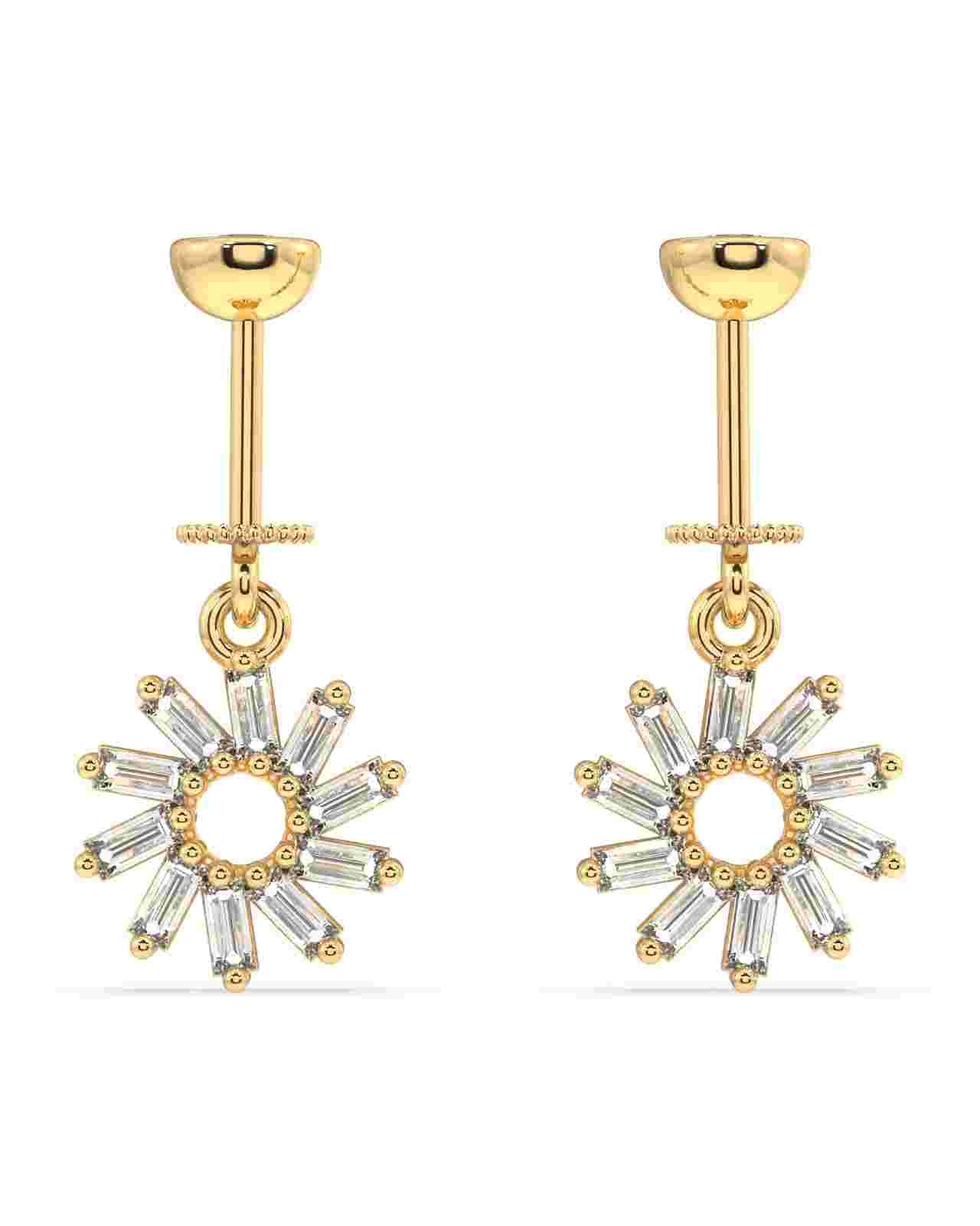 Baguette Rays Helix 14K Gold Earrings featuring a modern circle design with clear baguette stones, ideal for helix piercings and elegant styling.