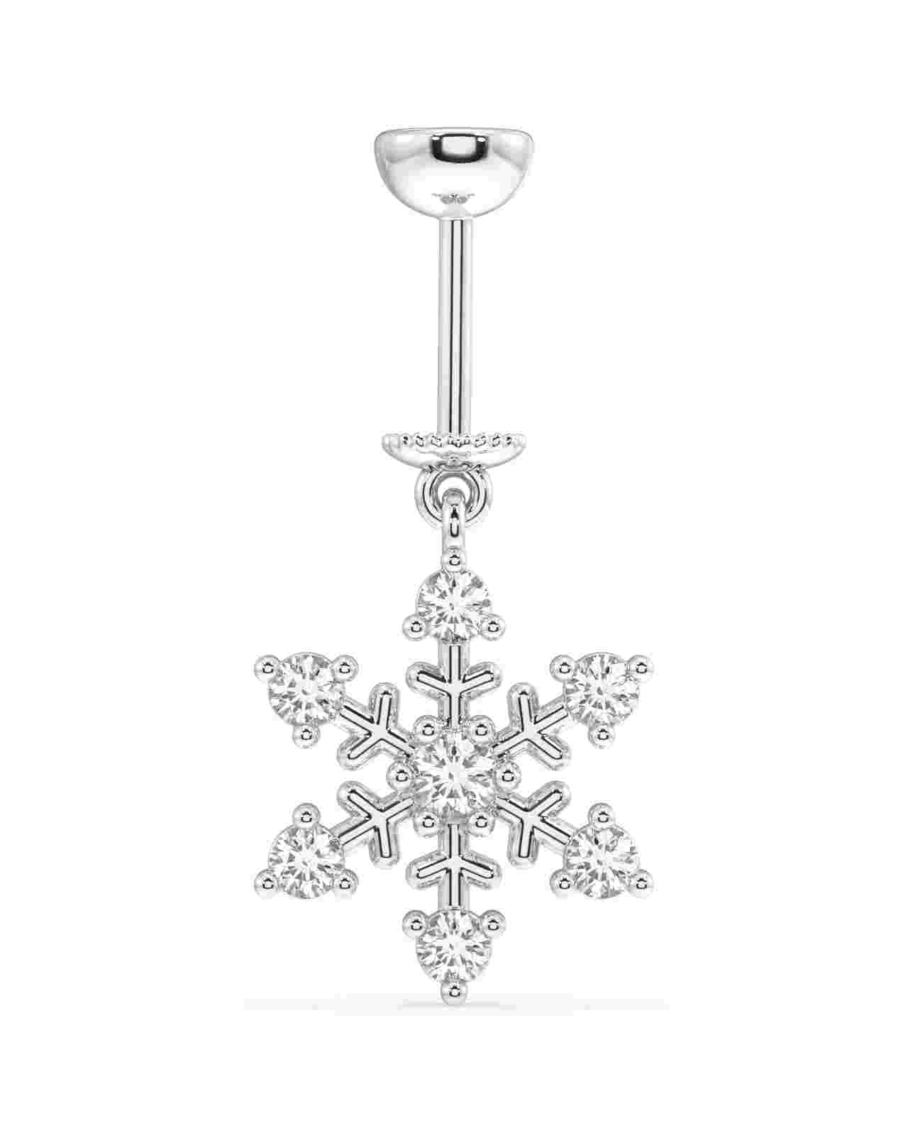 Close-up of Snowflake Helix Earring - Ice on Ear featuring a single sterling silver screw helix with detailed snowflake charm and crystals.