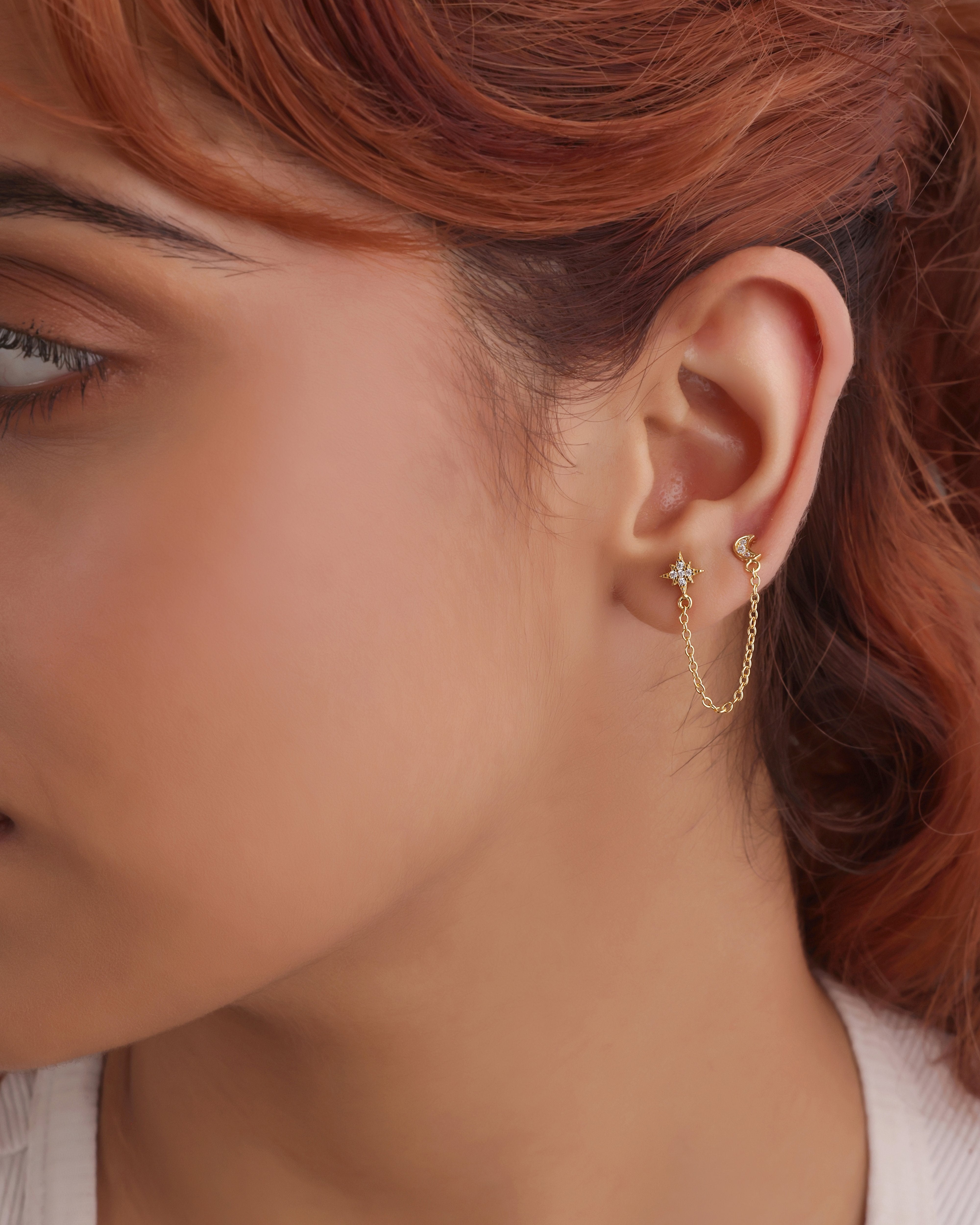 Moon Star Zirconia Connector Chain Earrings