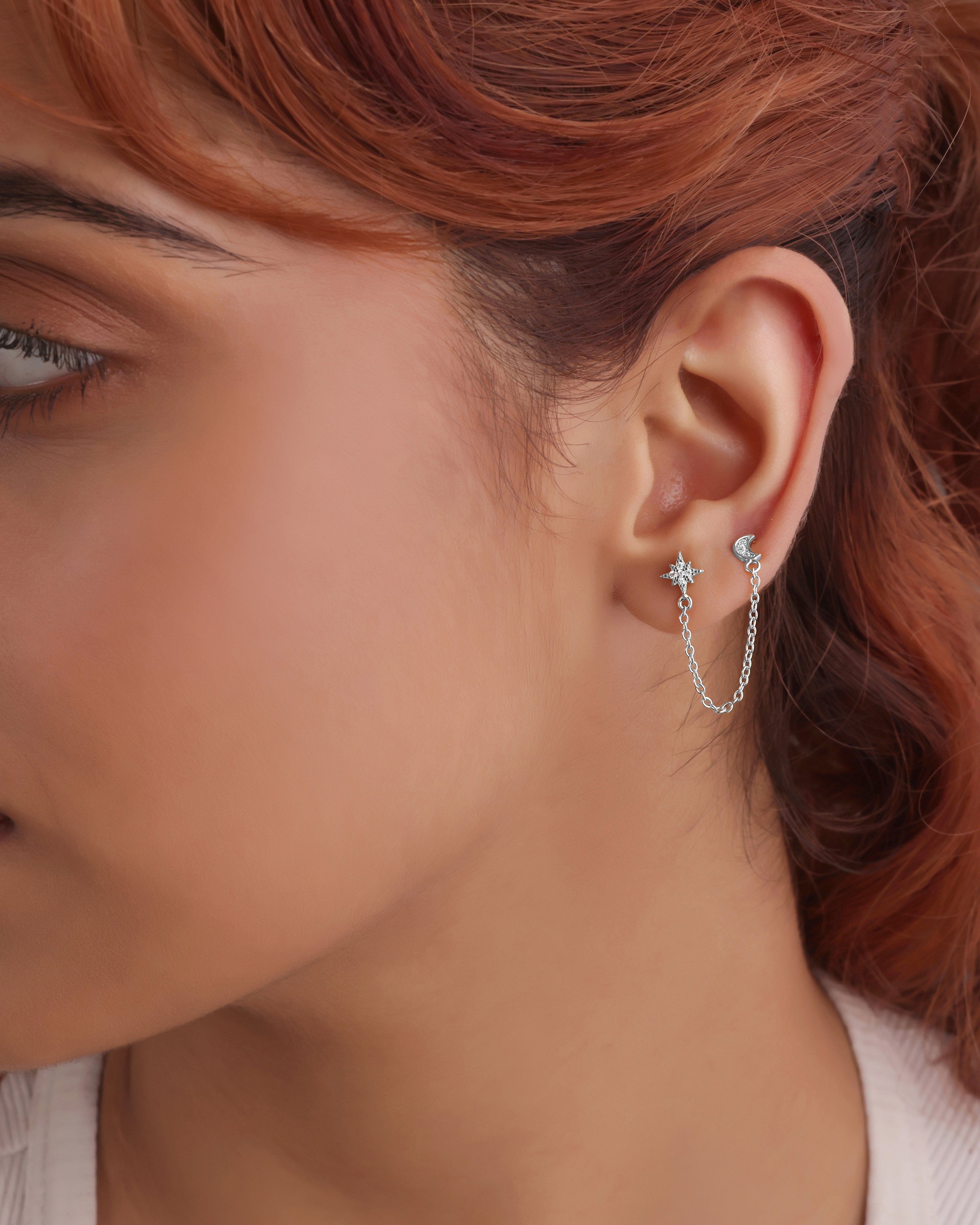 Moon Star Zirconia Connector Chain Earrings
