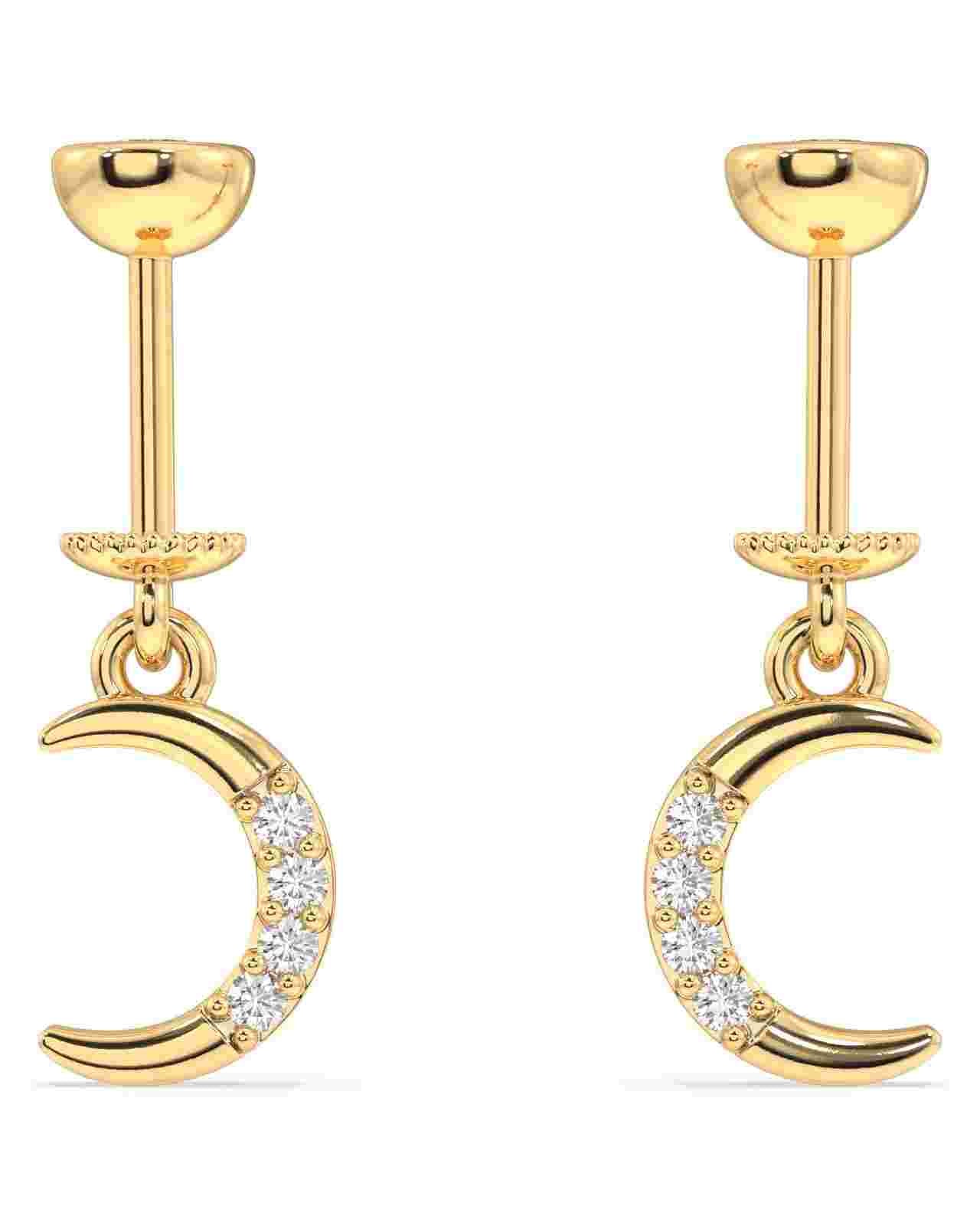 Helix Hanging - Crescent Moon Zirconia Earring in gold with sparkling zirconia stones, ideal for stylish cartilage piercings and modern jewelry looks.