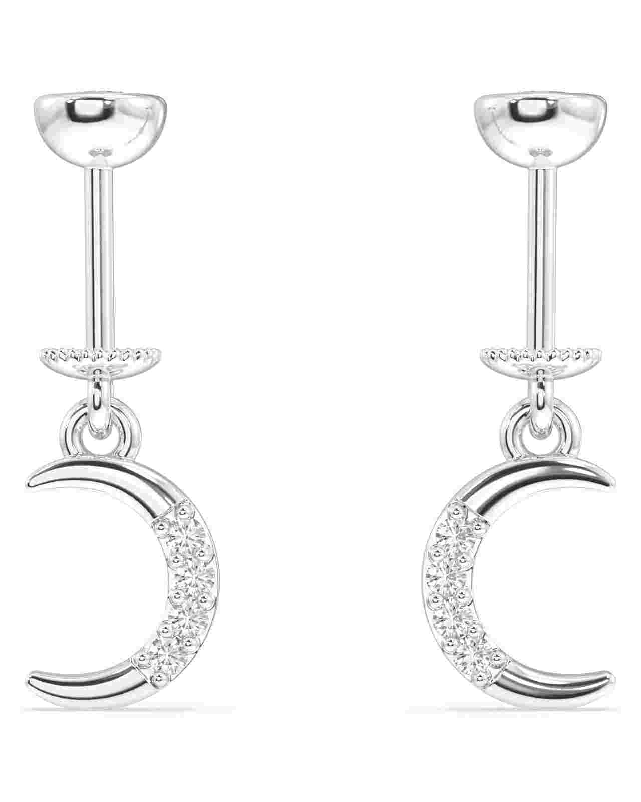 Sterling silver Crescent Moon Earrings with zirconia accents, designed for helix hanging style, perfect for elegant and symbolic ear piercings.