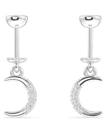 Sterling silver Crescent Moon Earrings with zirconia accents, designed for helix hanging style, perfect for elegant and symbolic ear piercings.