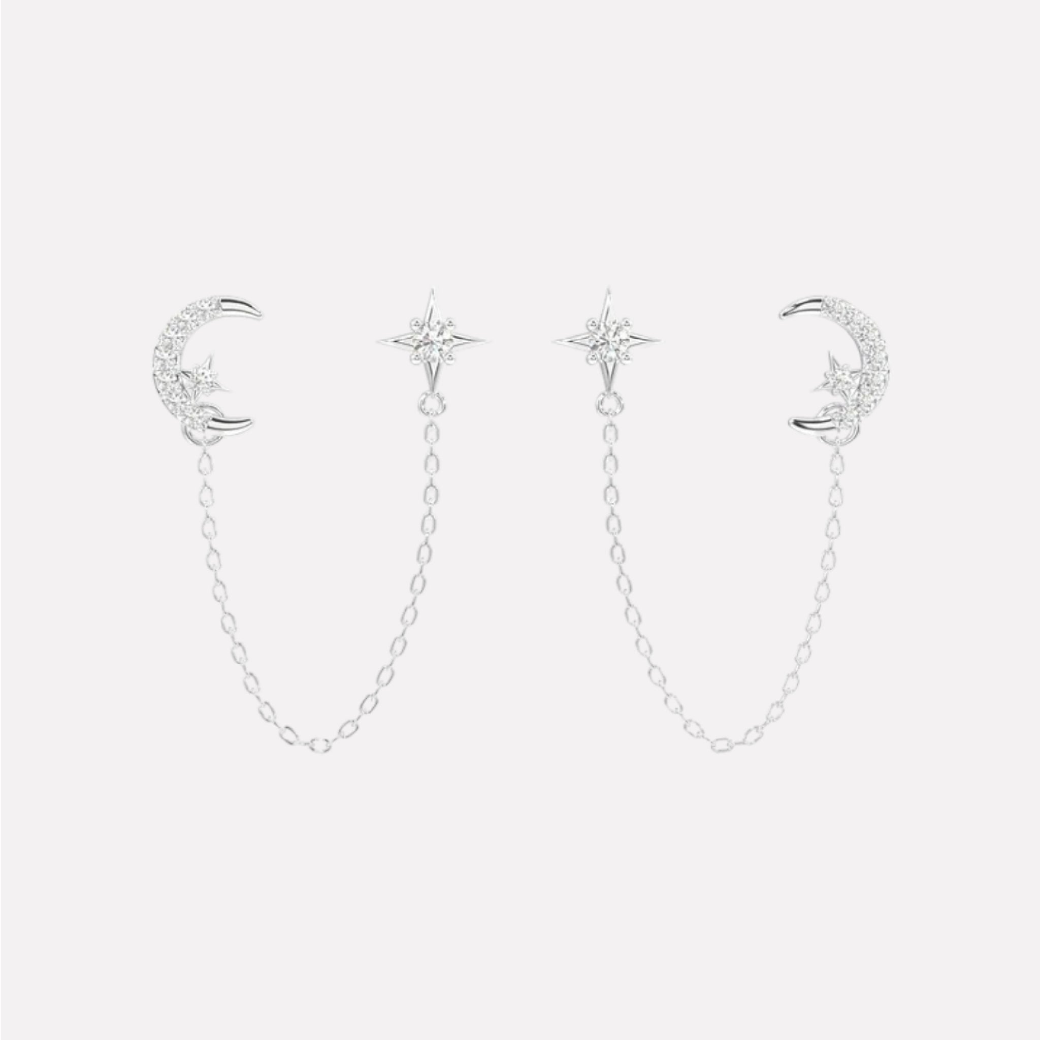 Moon Star 3 In Connector Chain Earrings