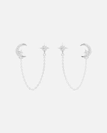Moon Star 3 In Connector Chain Earrings