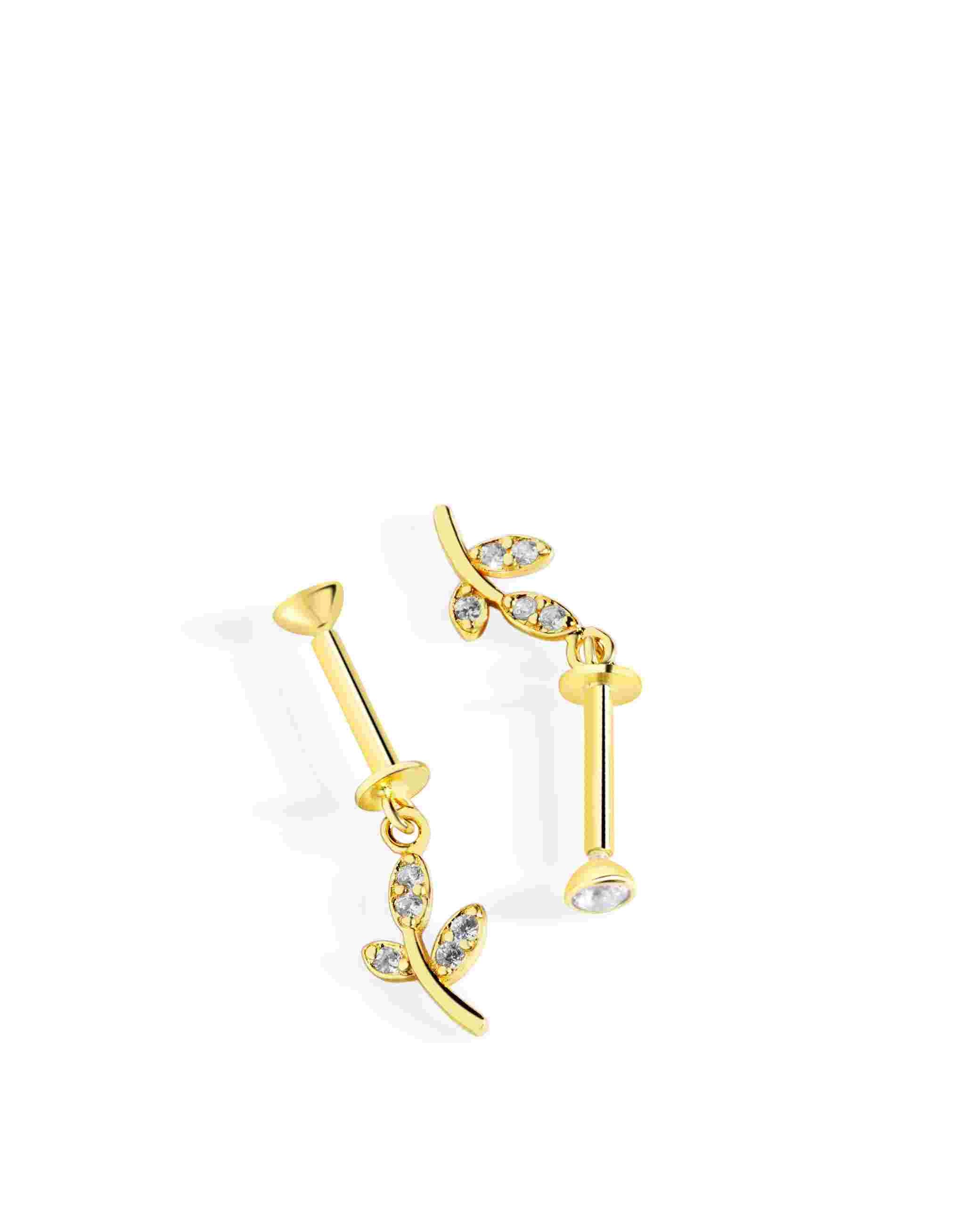 Elegant gold Zirconia Leaf Helix Piercing Charm featuring a curved leaf motif with sparkling hanging stones, perfect for trendy ear piercings.