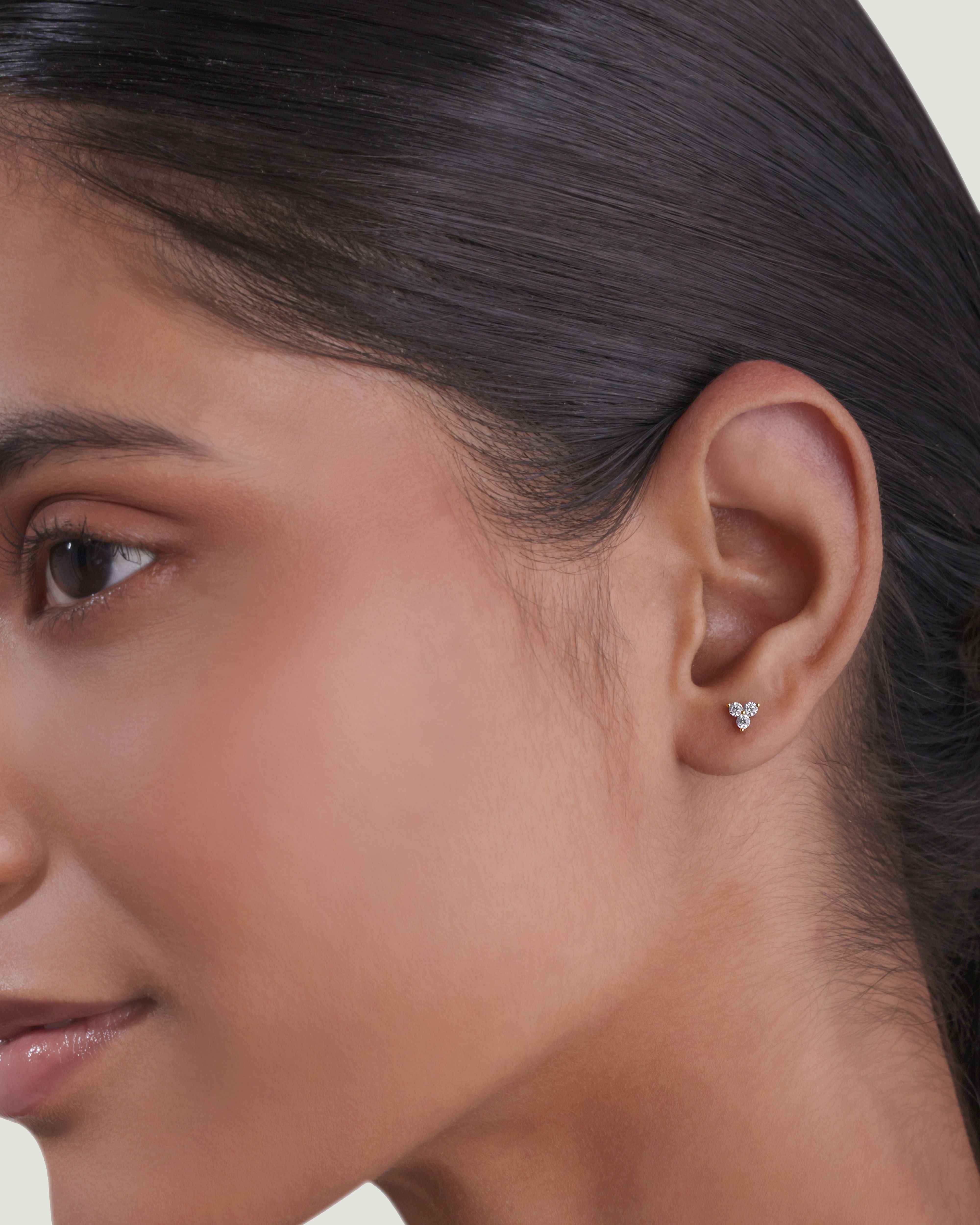 Radiant Tri Zirconia Flat Back Screw Stud Earrings