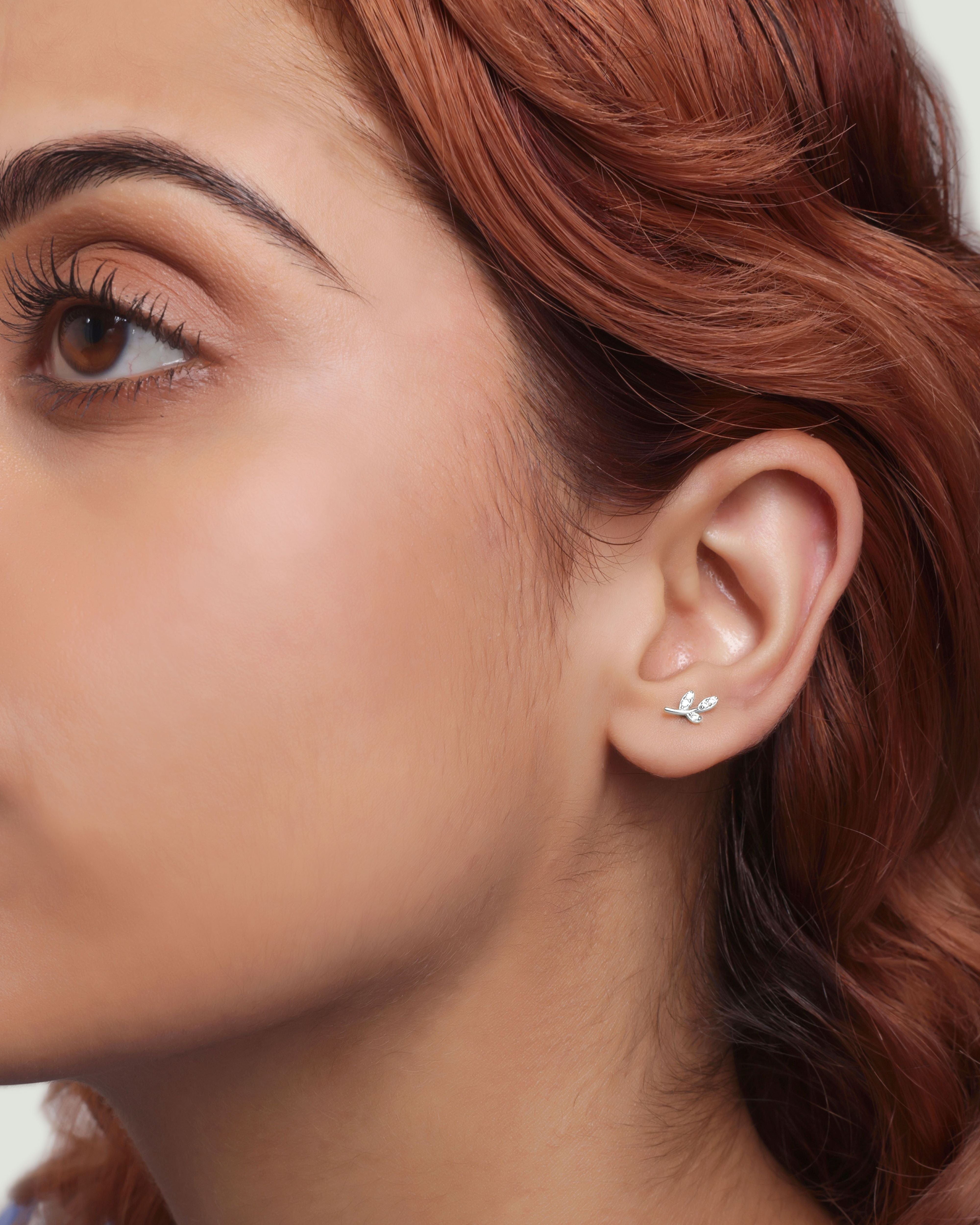 Minimal Cubic Zirconia Paved Leaf Stud Earrings