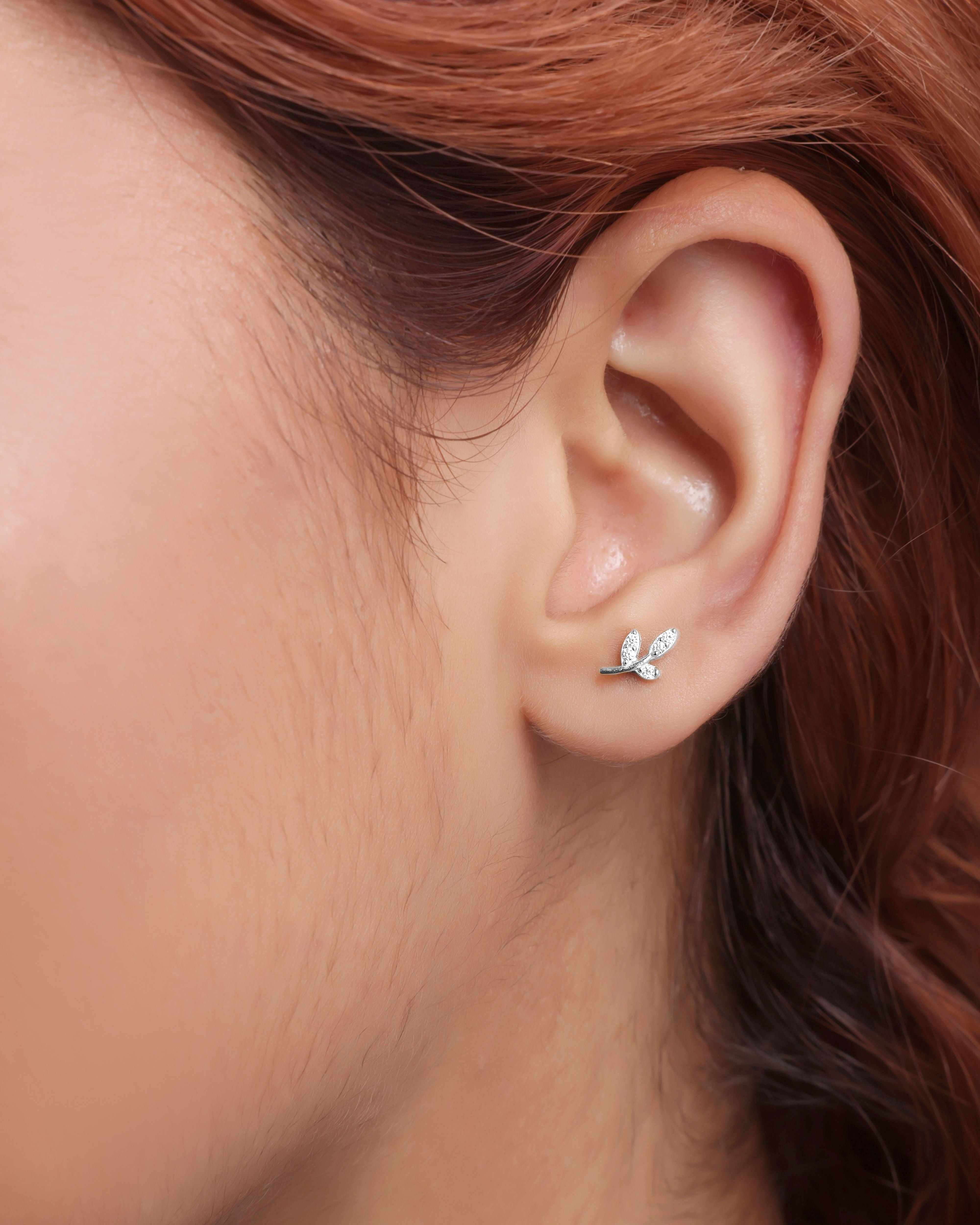 Minimal Cubic Zirconia Paved Leaf Stud Earrings