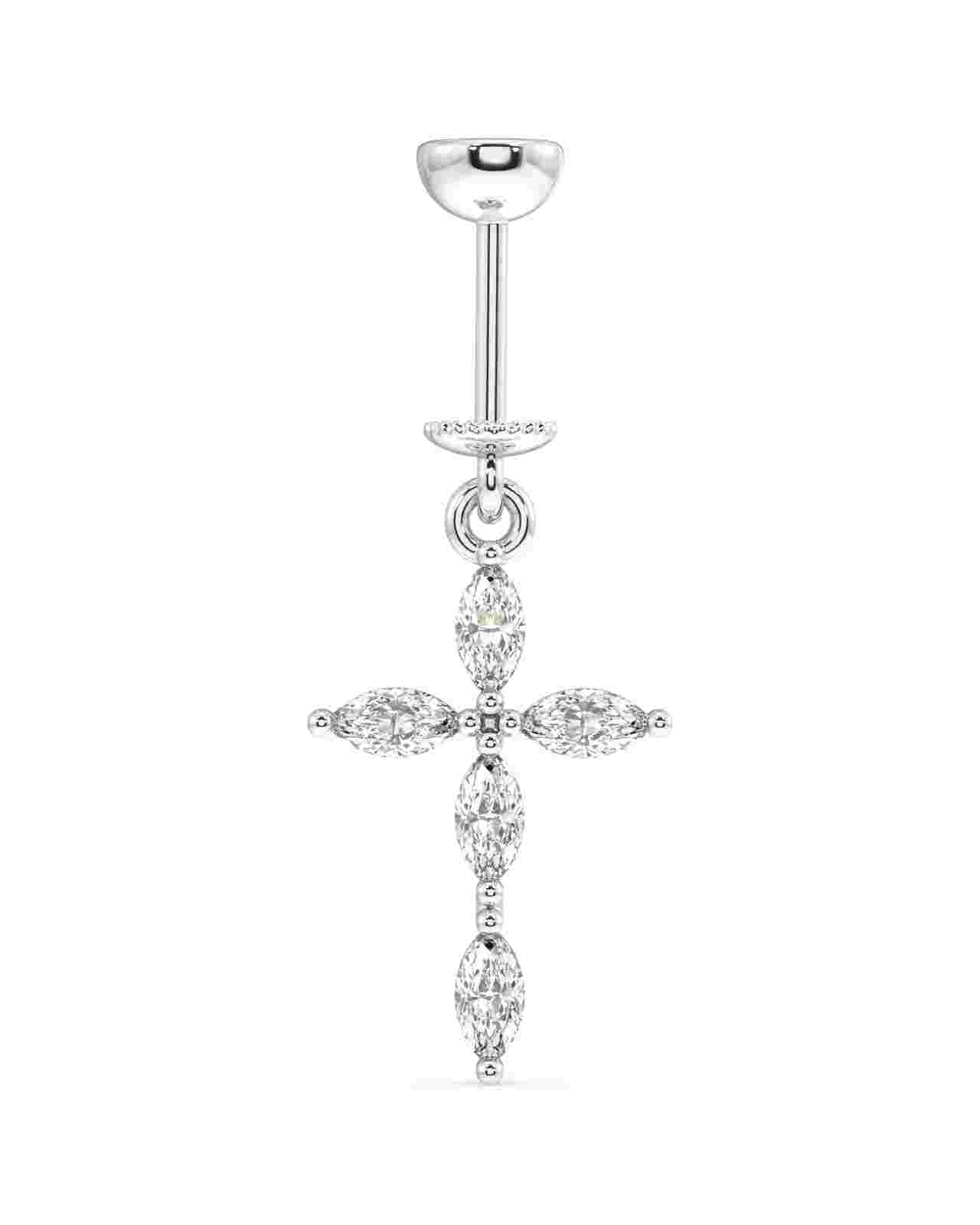 Screw Helix Hanging earring with zircon cross charm in silver, designed for helix piercings. Features sparkling marquise-cut stones in a criss-cross style.