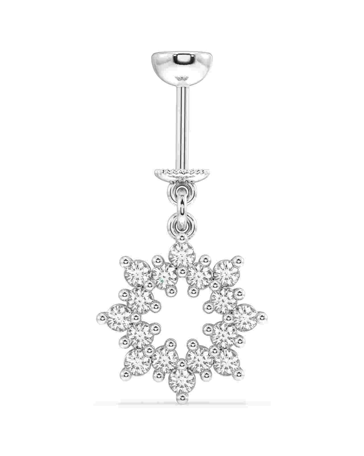 Close-up of Helix Hanging Earrings - Zircon Bubble Burst featuring a circular floral pattern of sparkling zircons in a dangling silver setting.