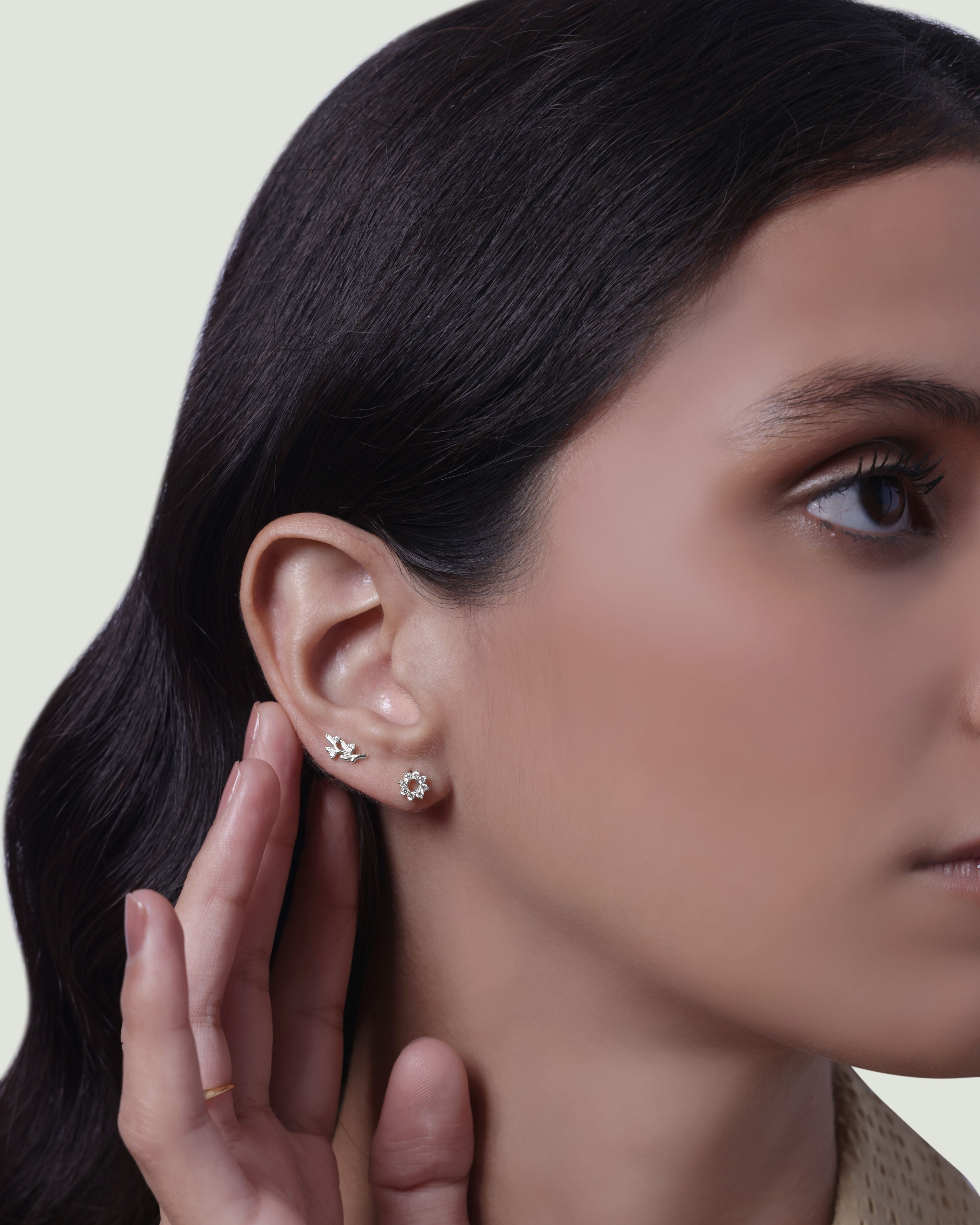 Leaflet Sparkle Flatback Stud Earrings - Silver