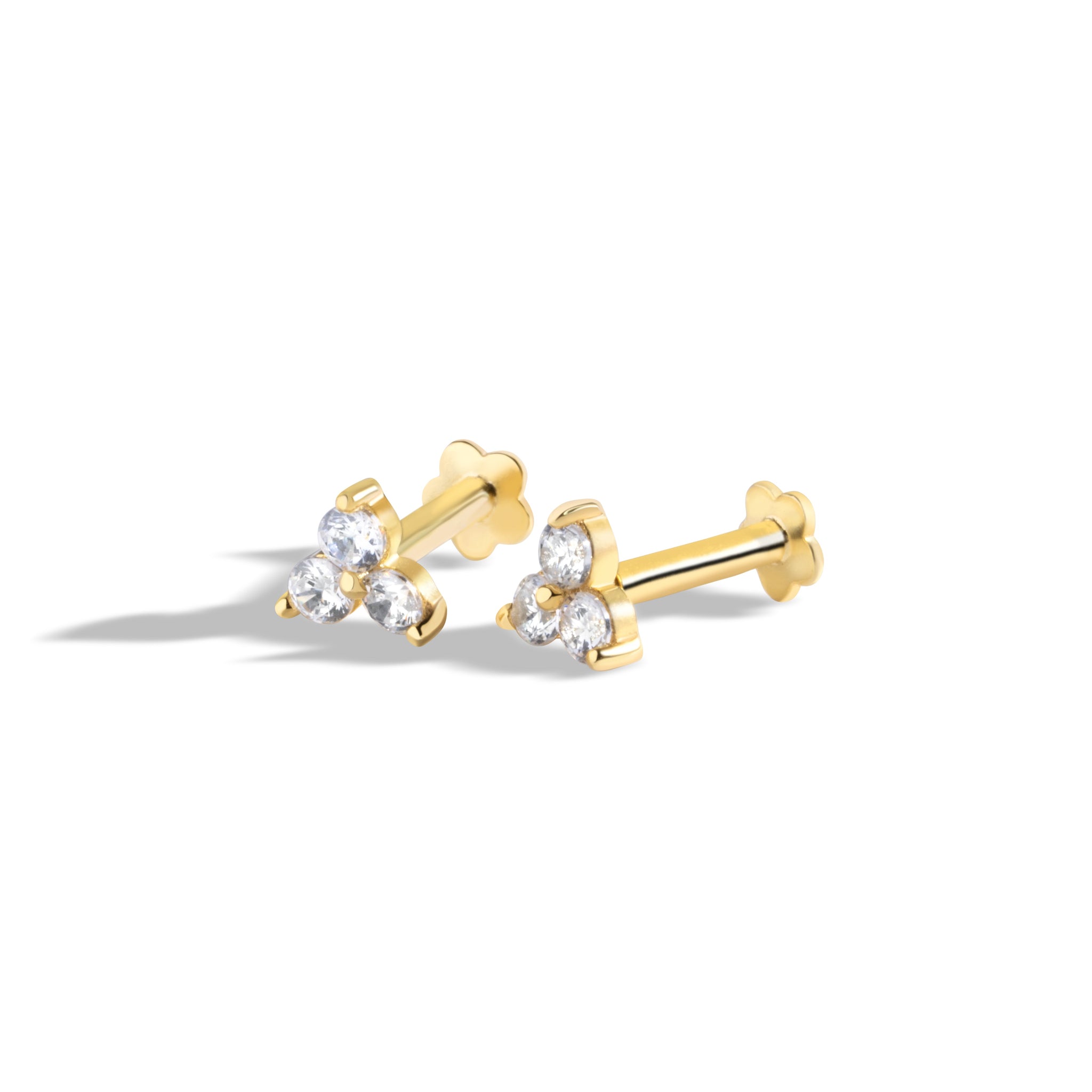 Radiant Tri Zirconia Flat Back Screw Stud Earrings
