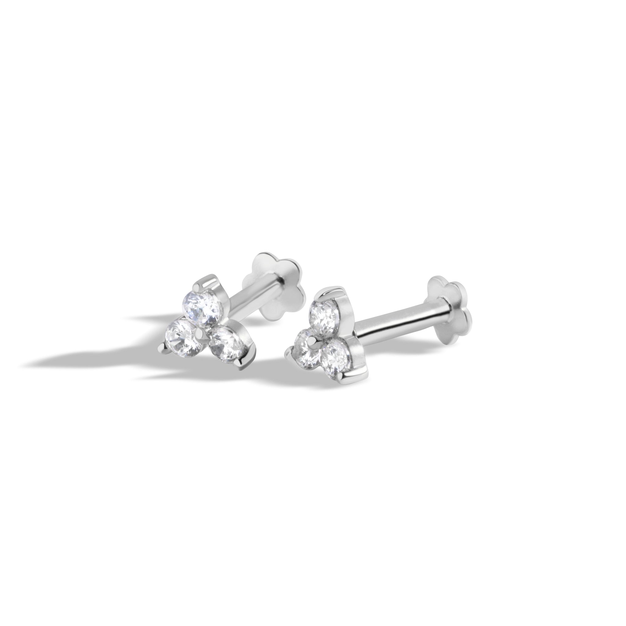 Radiant Tri Zirconia Flat Back Screw Stud Earrings