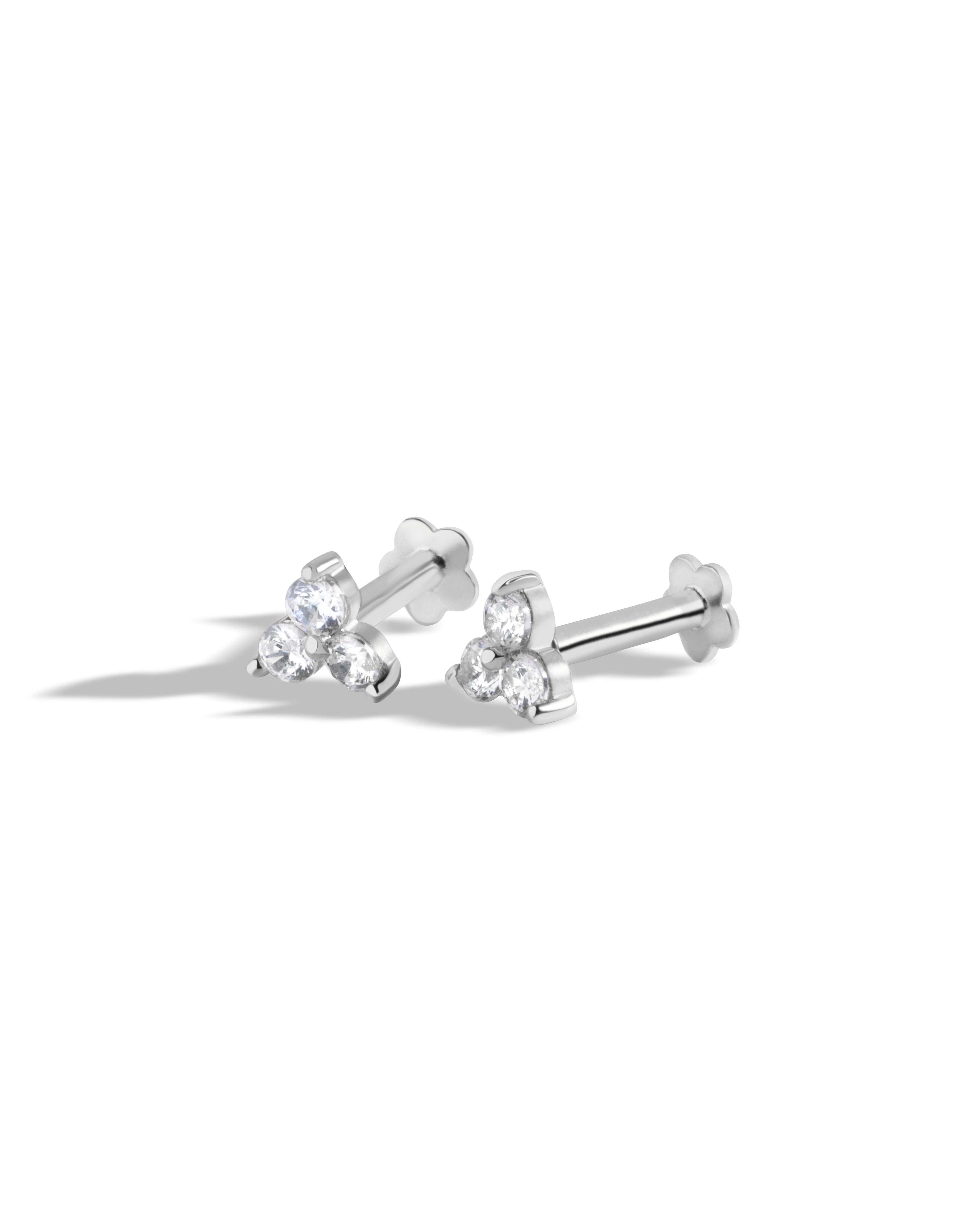 Radiant Tri Zirconia Flat Back Screw Stud Earrings