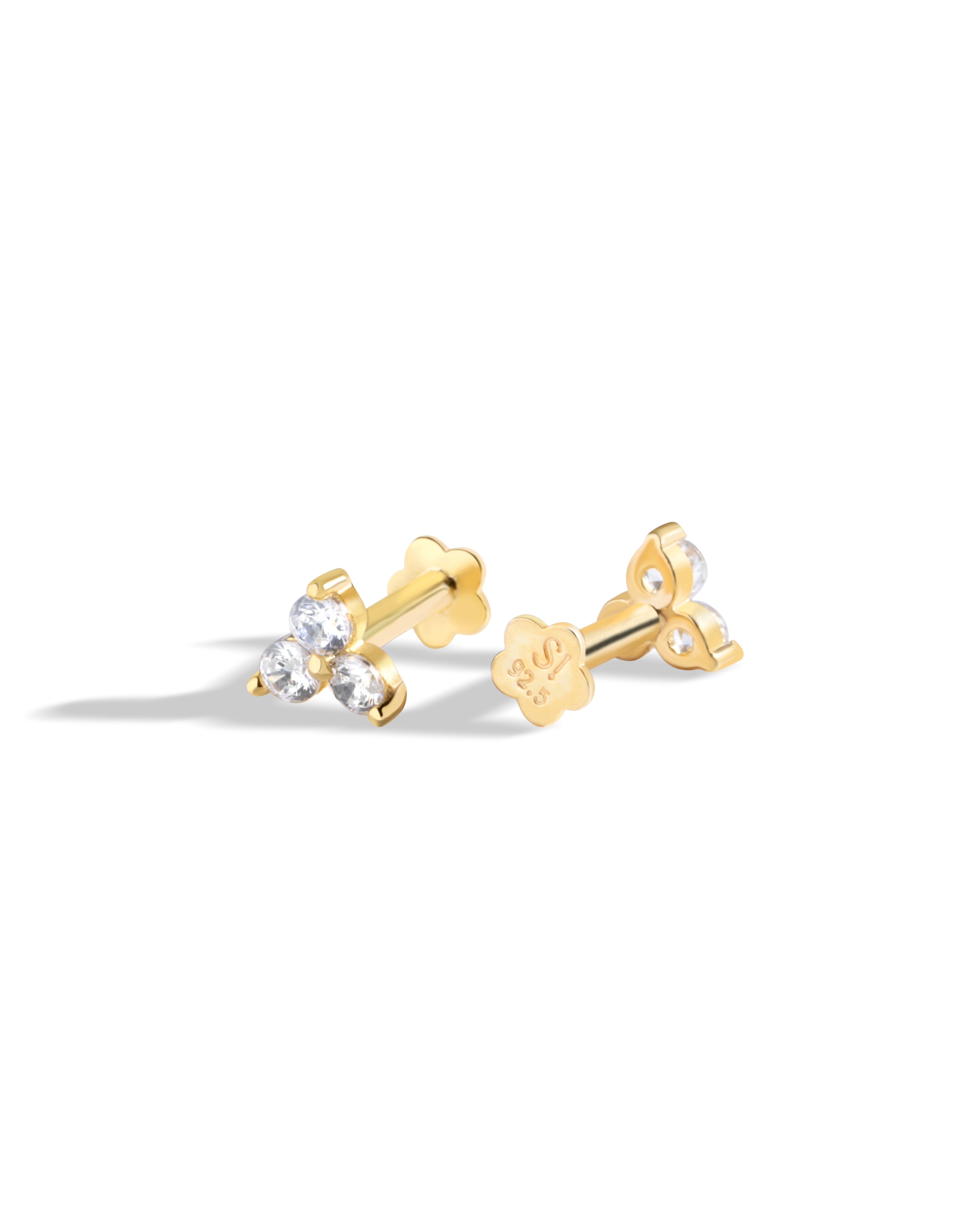 Radiant Tri Zirconia Flat Back Screw Stud Earrings
