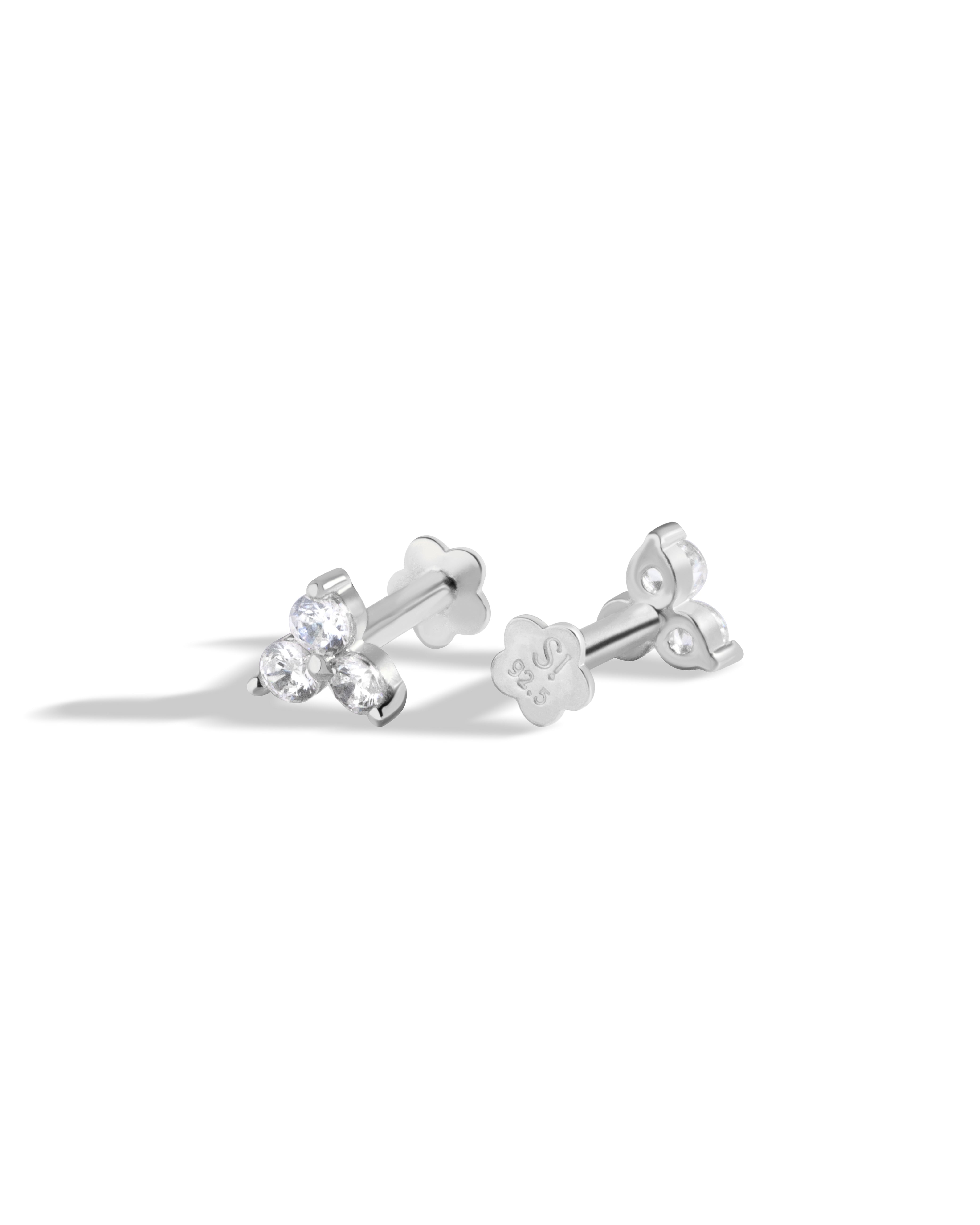 Radiant Tri Zirconia Flat Back Screw Stud Earrings