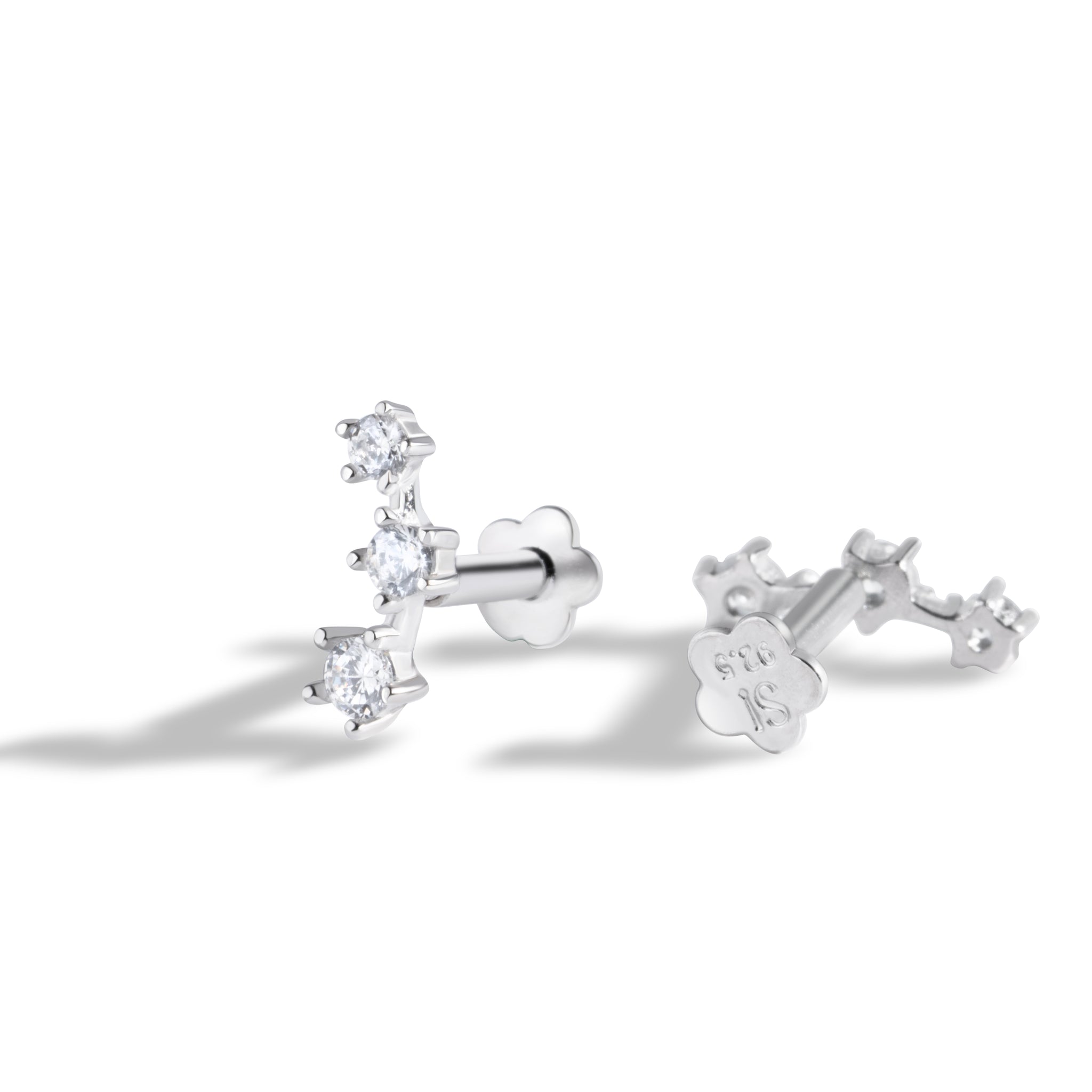 Tri Zirconia Flat Back Screw Stud Earrings