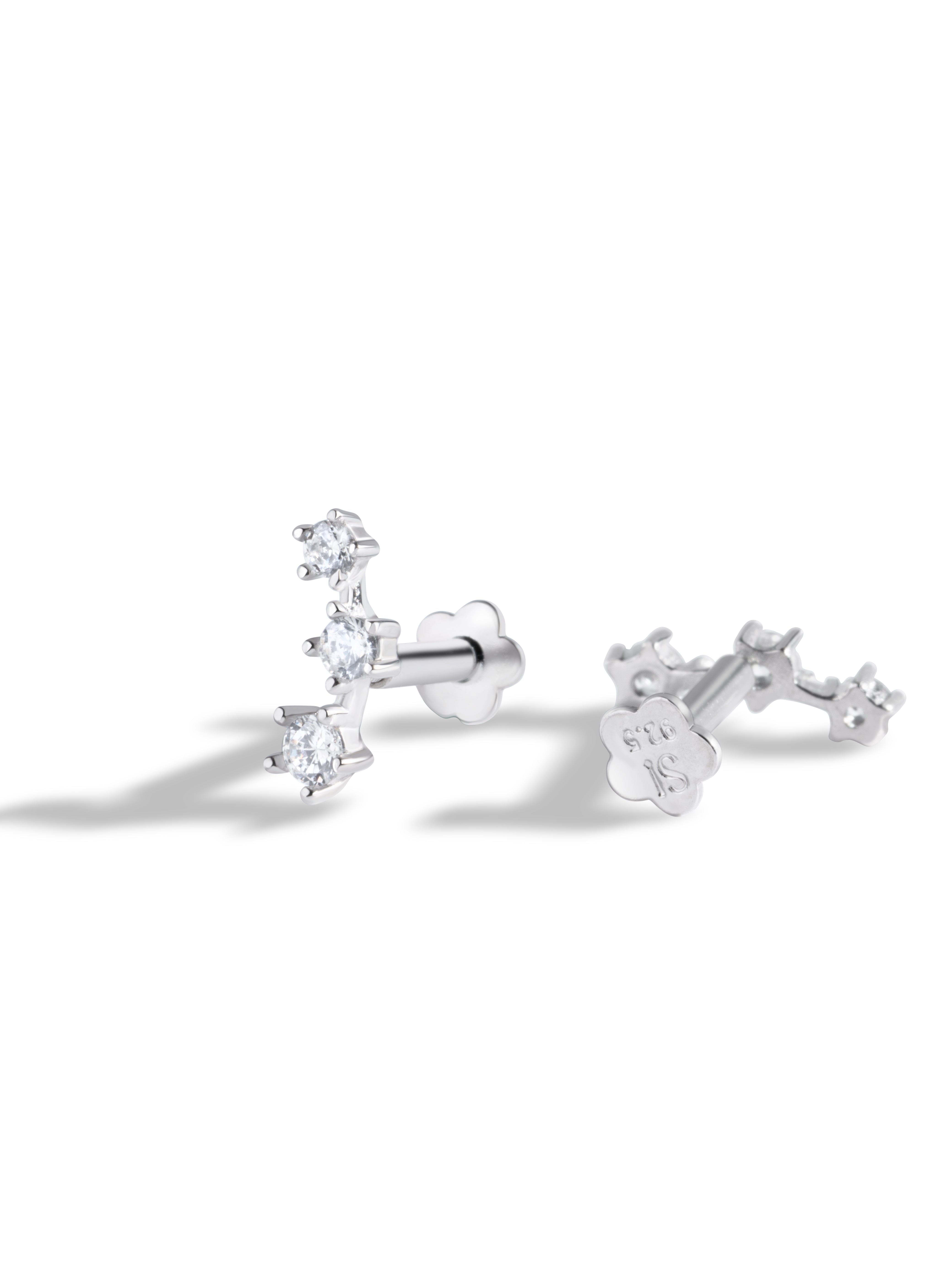 Tri Zirconia Flat Back Screw Stud Earrings