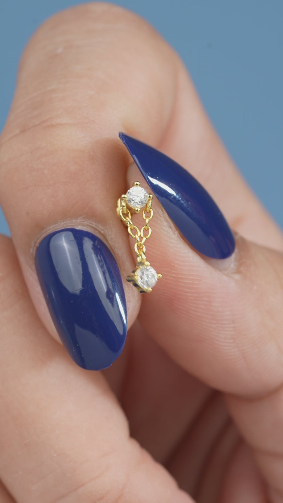 Zirconia Duo Chain Drop Flat Back Stud Earrings