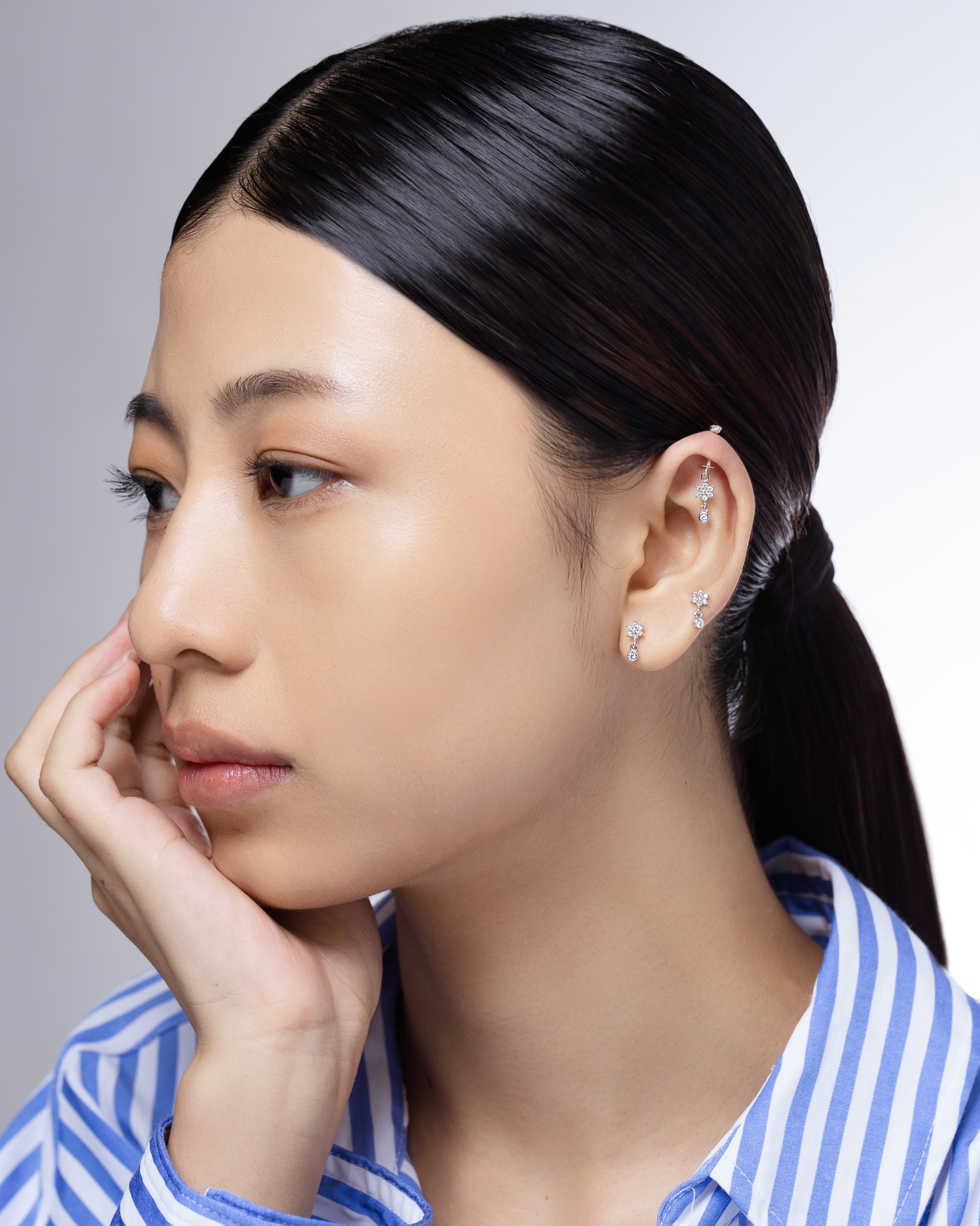 Five Petal Flower With Zircon Drop Screw Helix Hanging Earrings