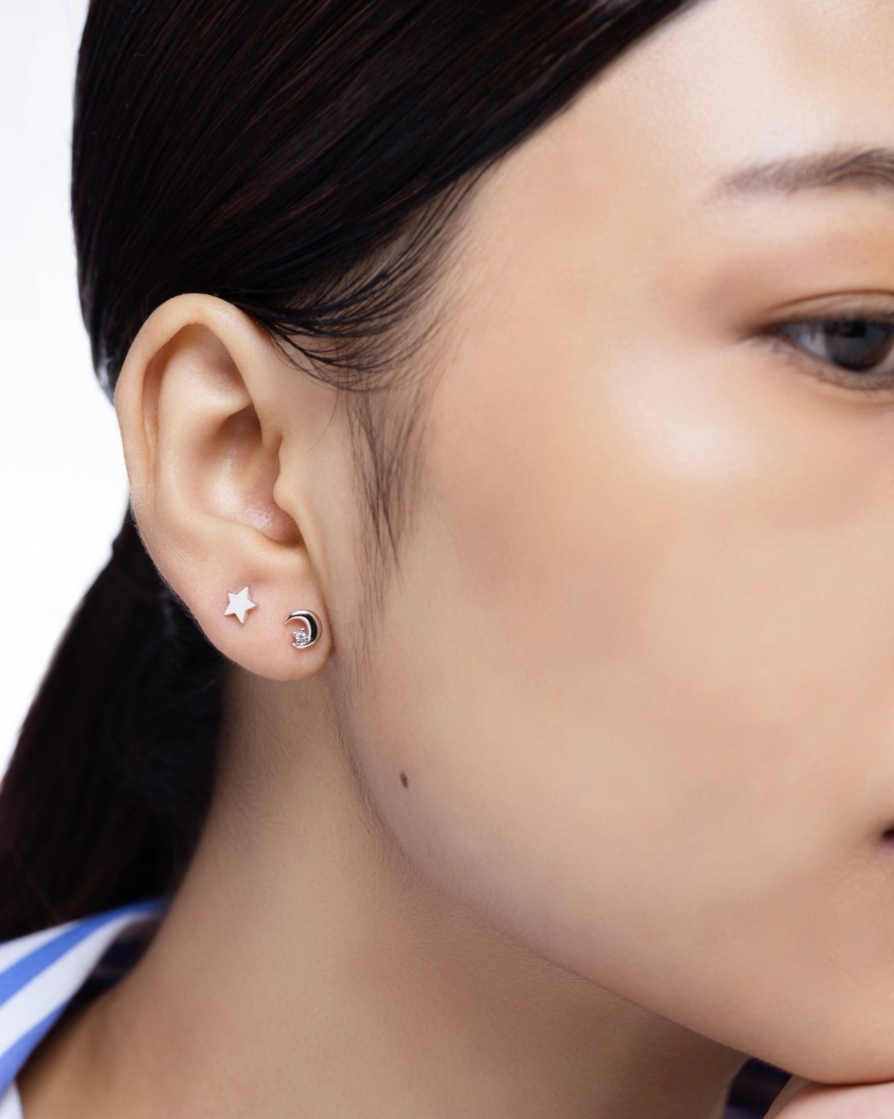 Mismatched Star With A Moon Combination Stud Earrings