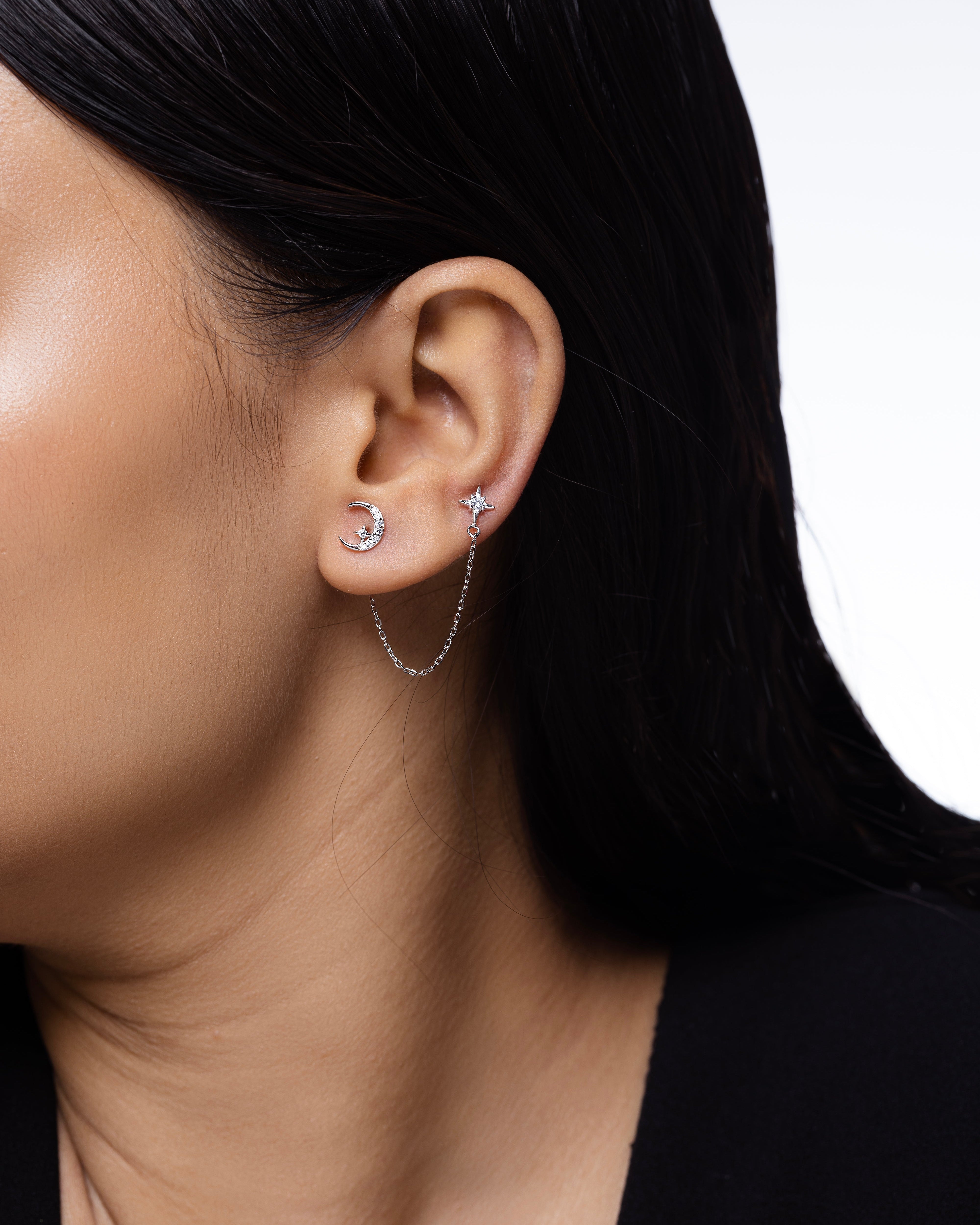 Moon Star 3 In Connector Chain Earrings