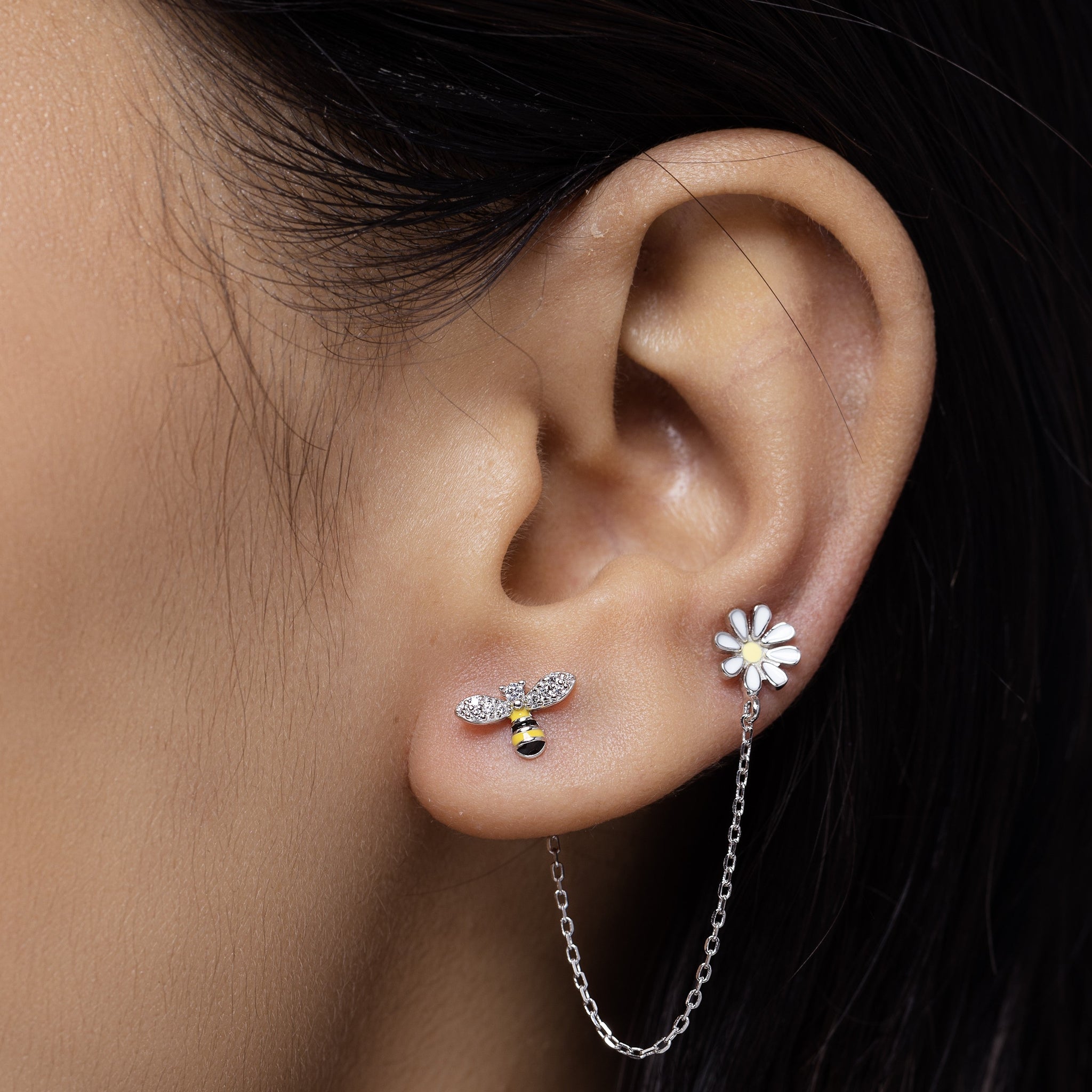 Bee Flower Connector 3 In 1 Chain Earrings