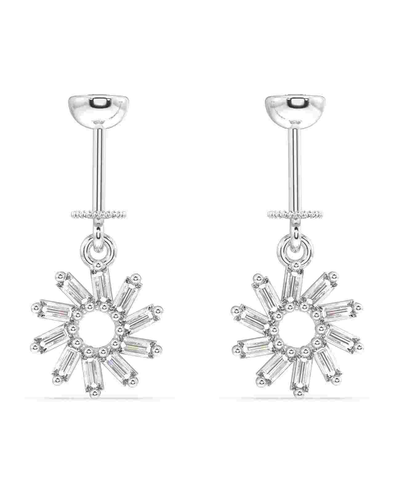 Spiral Baguette Earrings - Snowflake Helix design in sterling silver with hanging baguette-cut stones, perfect for iced ear accessory styling.