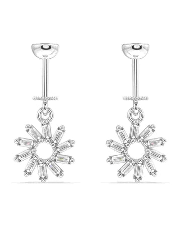 Spiral Baguette Earrings - Snowflake Helix design in sterling silver with hanging baguette-cut stones, perfect for iced ear accessory styling.